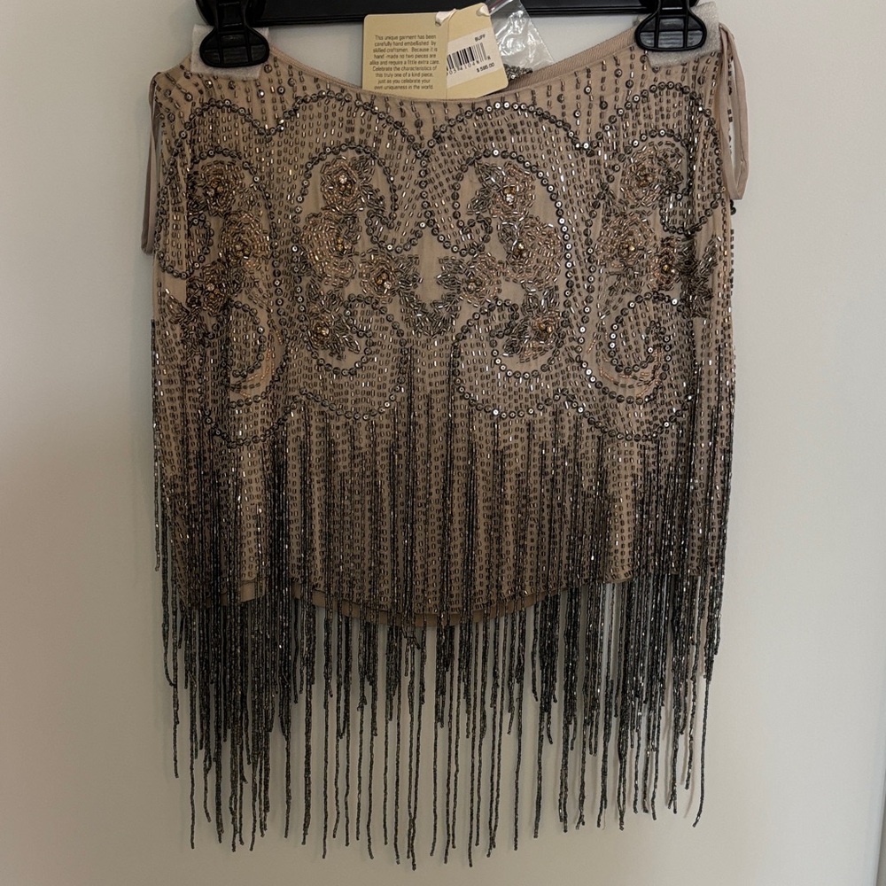 NWT Haute Hippie Mini Beaded Fringe Skirt in Beige and Silver